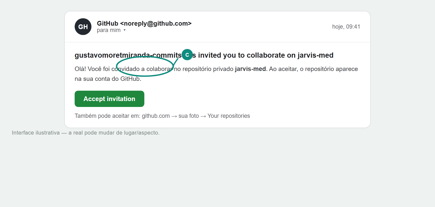 E-mail do GitHub avisando do convite para o repositório jarvis-med, com o botão Accept invitation em destaque