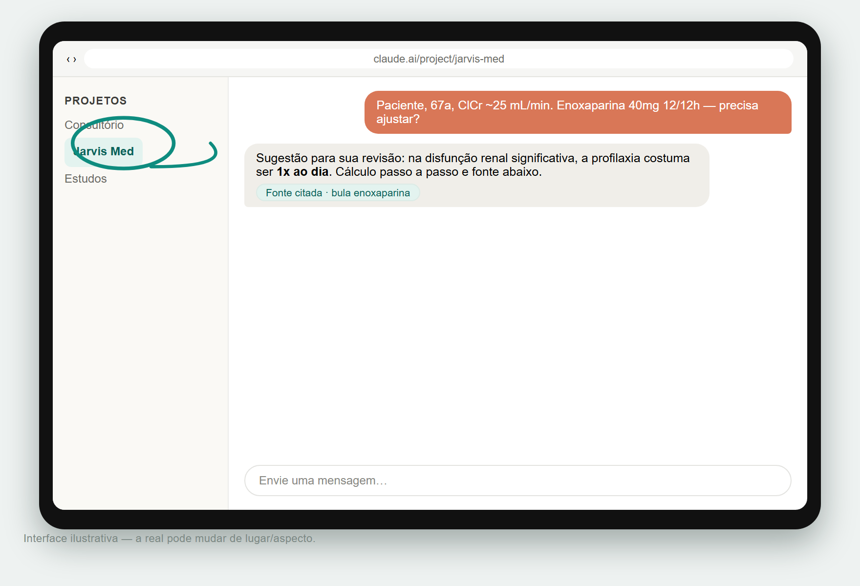 iPad com o claude.ai aberto no Projeto Jarvis Med, conversa de revisão de dose com fonte citada