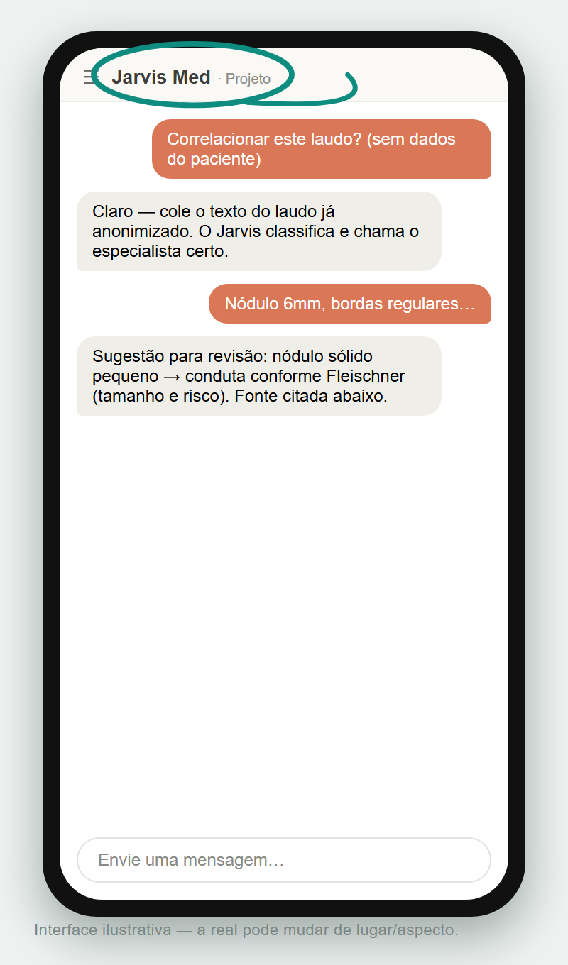 iPhone com o aplicativo do Claude aberto no Projeto Jarvis Med, conversa sobre correlação de laudo