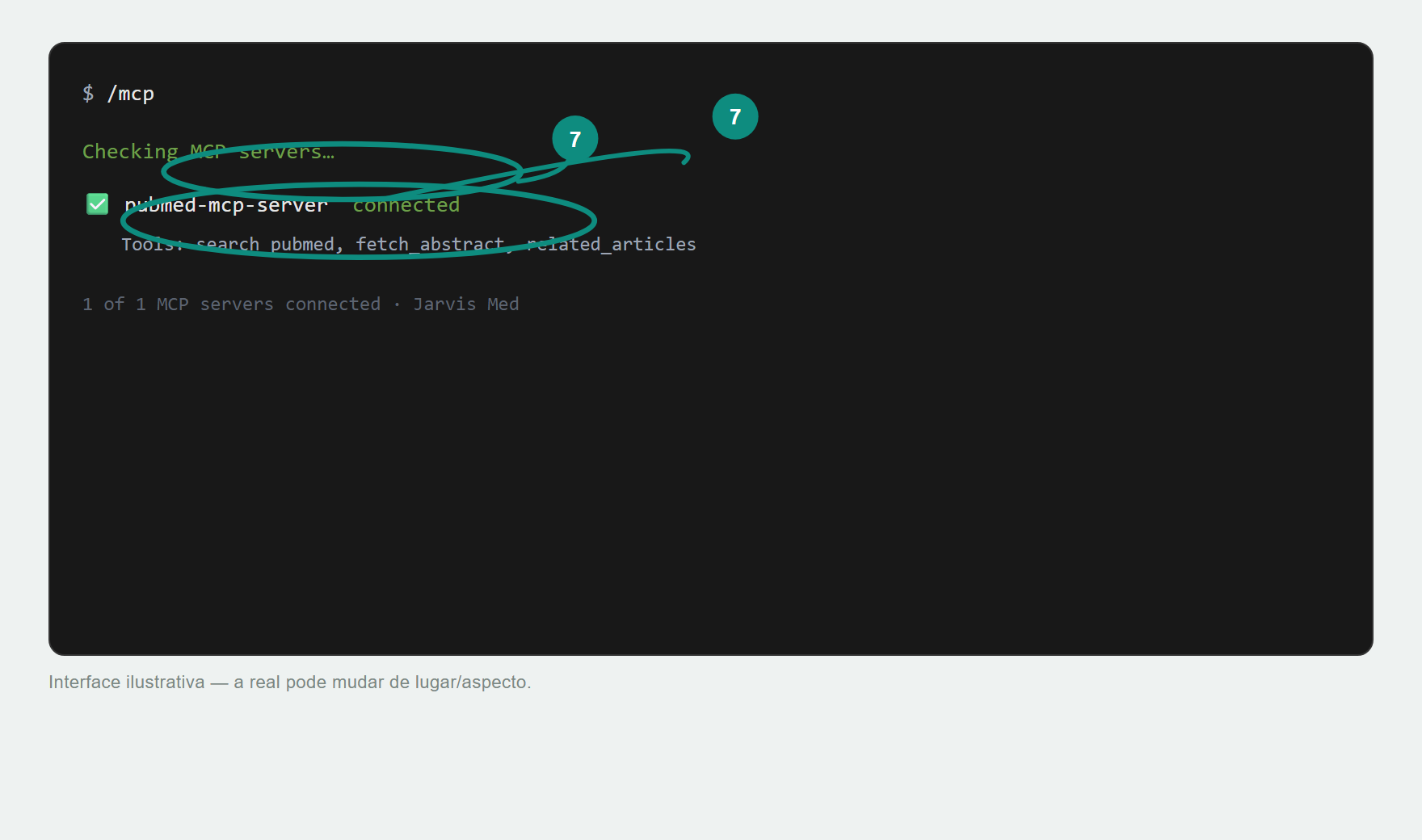 Comando /mcp listando o servidor pubmed-mcp-server conectado