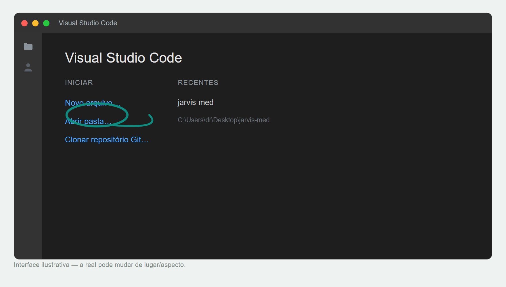 Tela inicial do Visual Studio Code com a opção Abrir pasta destacada e o projeto jarvis-med nos recentes